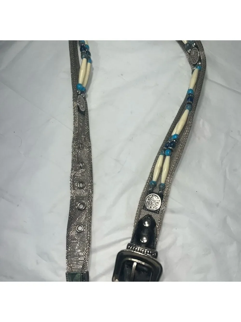 Vintage silver mesh belt embellished with beads motifs 80s native American style